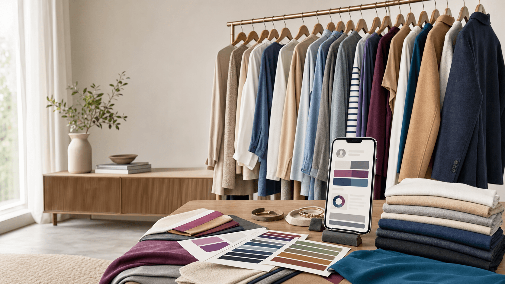 Capsule wardrobe clothing rack with color palette cards and an AI style report on a phone