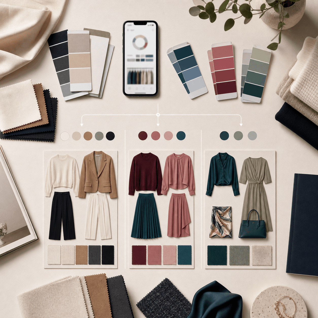 Capsule wardrobe organized with AI color analysis palette cards