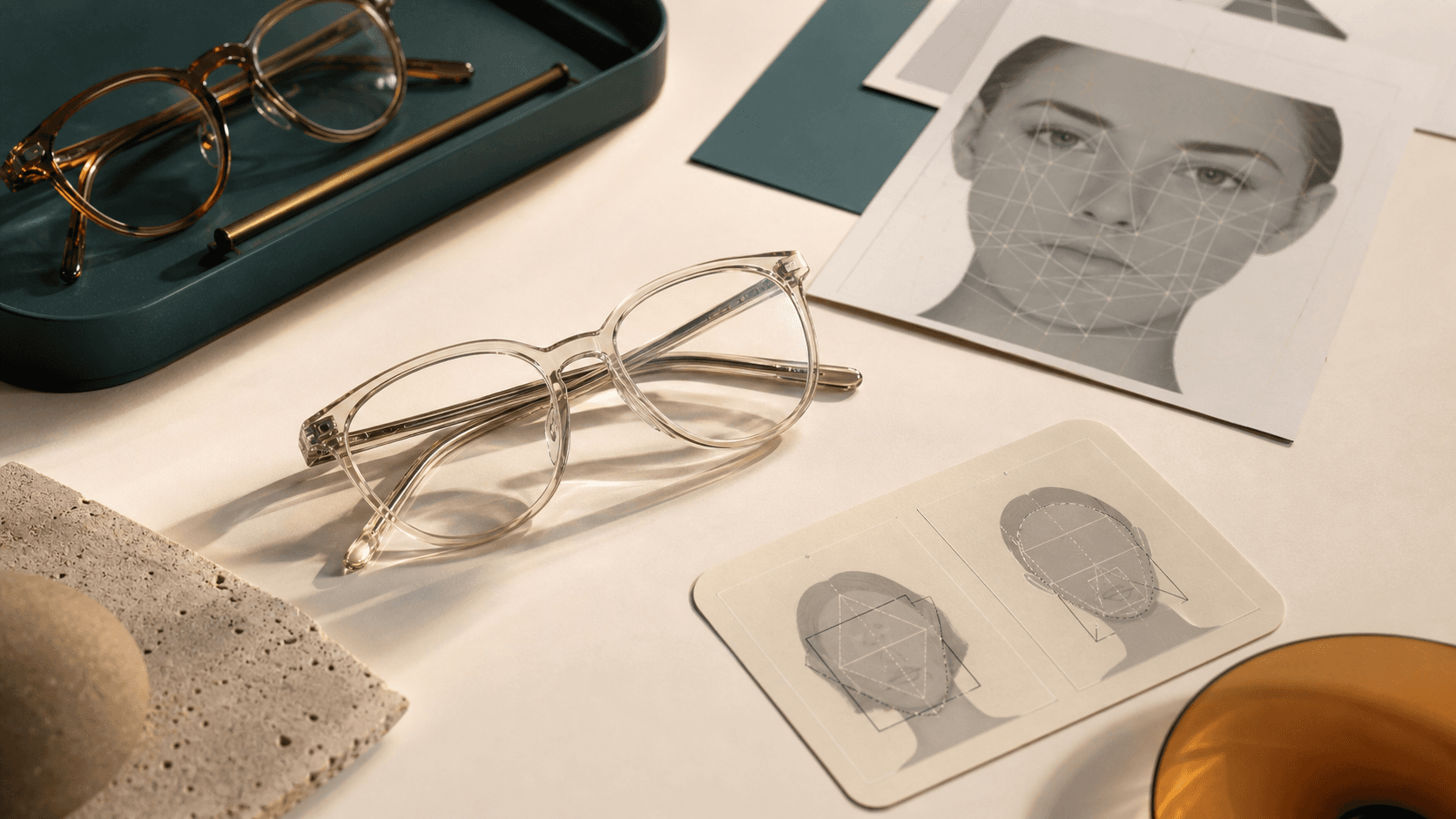 Editorial studio image of eyeglasses, face-shape cards, and AI analysis overlays