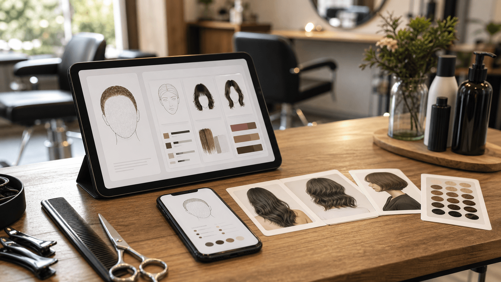 Salon consultation table with hairstyle analysis cards, haircut references, scissors, comb, and a tablet