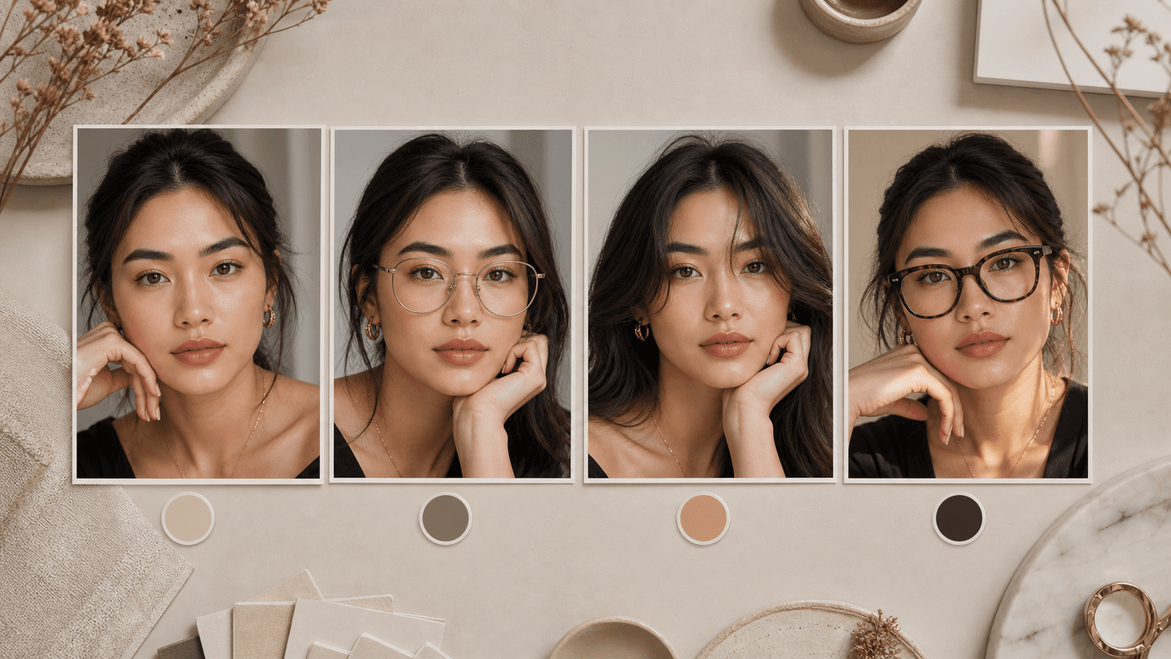 Editorial portrait cards showing hair framing, brow direction, glasses weight, and lighting options