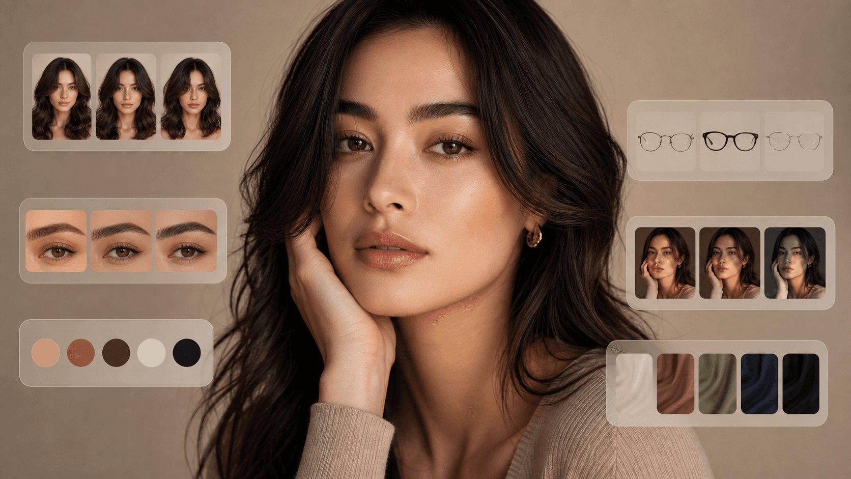 Editorial portrait with soft face-framing hair, clean background, and subtle styling analysis cards