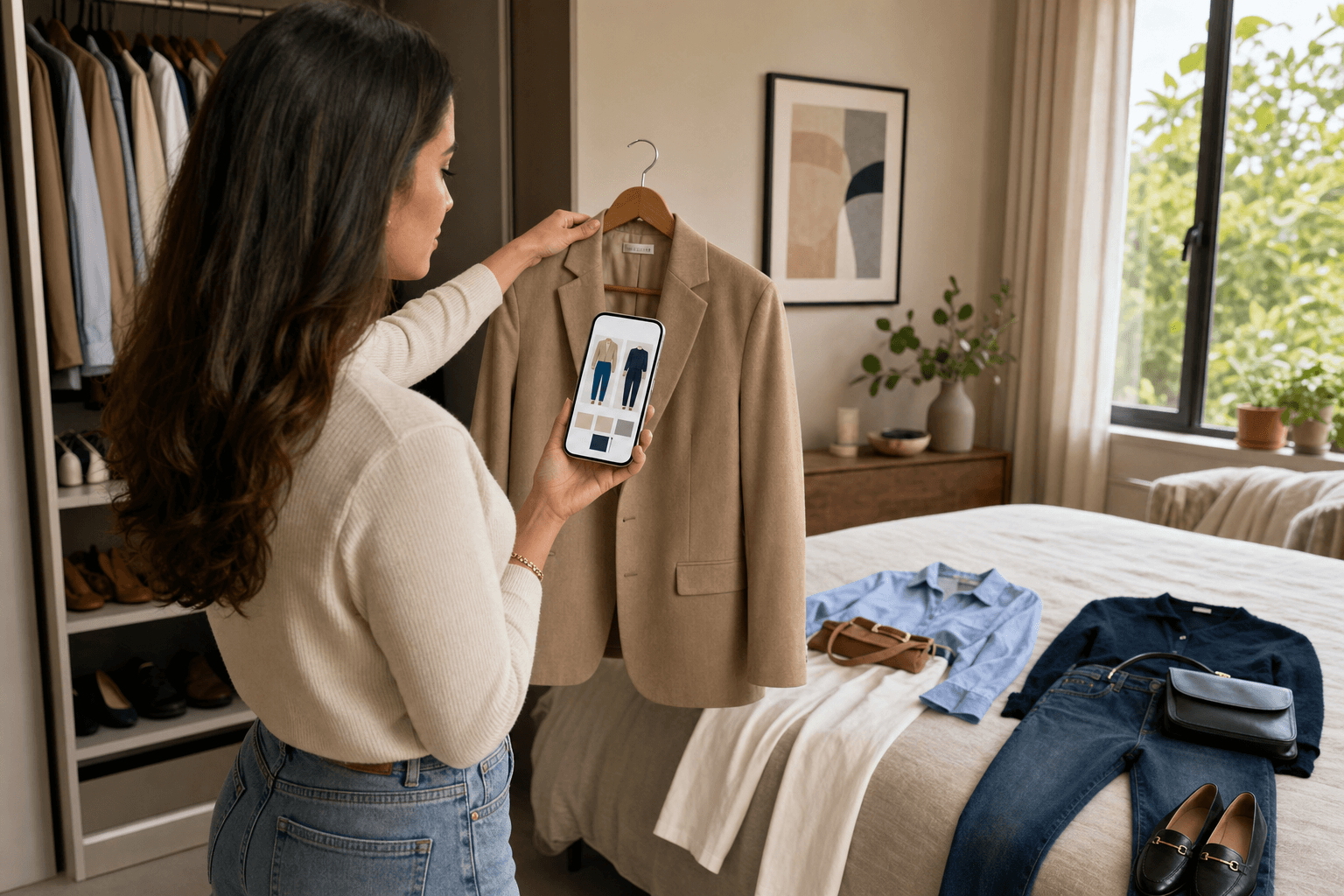Person using an AI style tool to compare a blazer with two outfit options at home