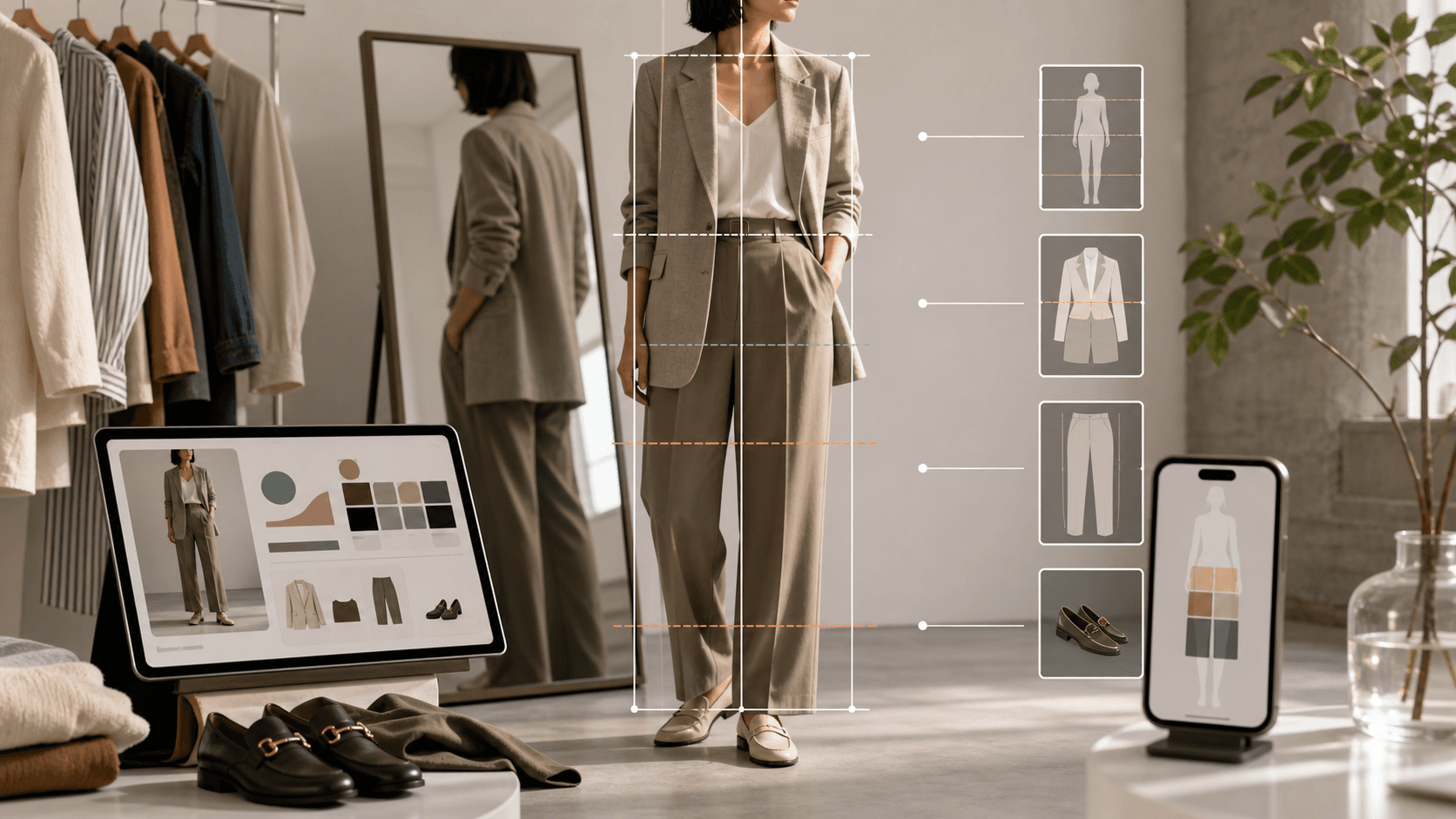 Fashion studio scene showing outfit proportion analysis overlays and AI style report cards