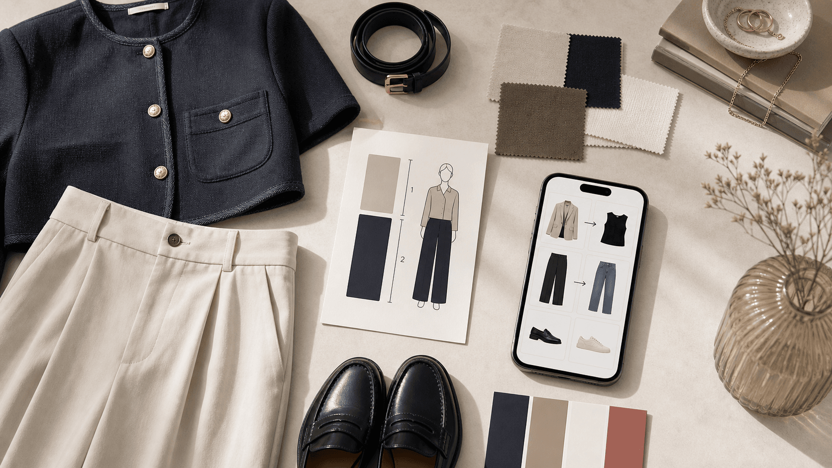 Flat lay showing outfit pieces, proportional blocks, and item swap cards