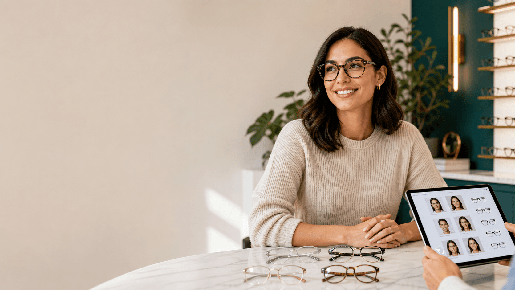 Editorial optician-studio consultation with a person comparing glasses frames beside a tablet-style photo checklist