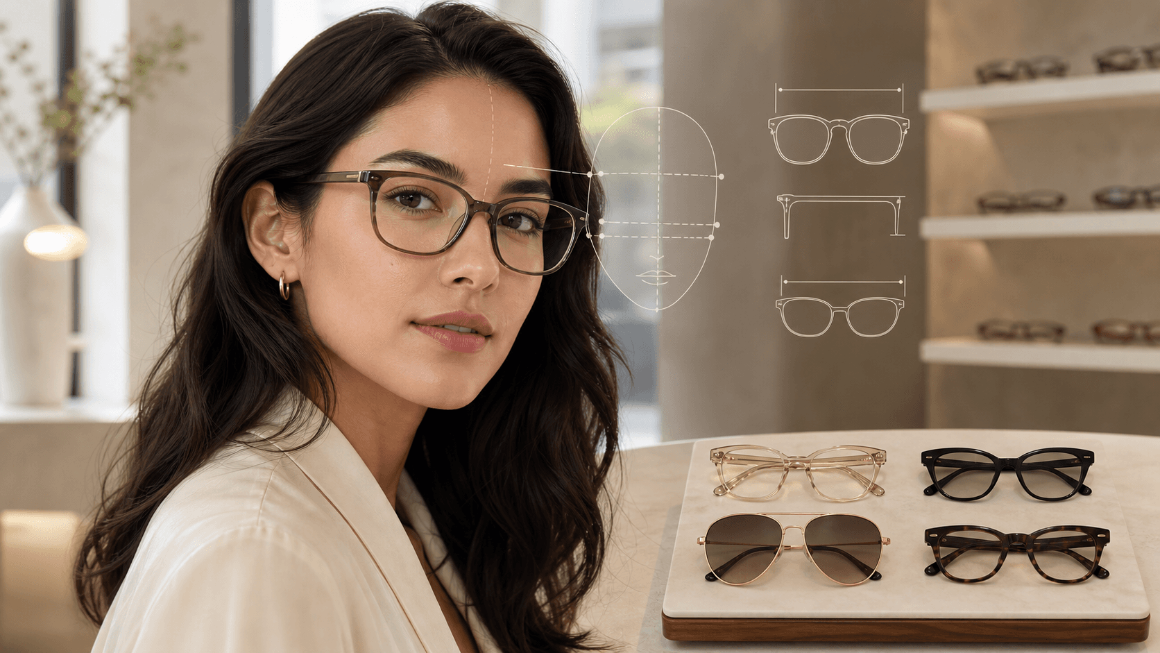 Editorial optician-studio portrait of a person with an oval face wearing balanced glasses beside subtle AI fit lines and frame options