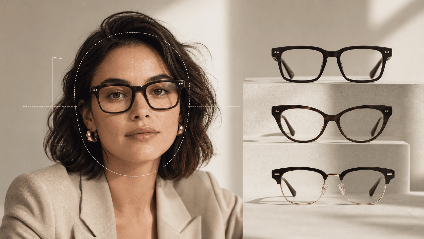 Editorial portrait of a person with a softly rounded face wearing structured glasses beside frame options and subtle AI face-balance guide lines