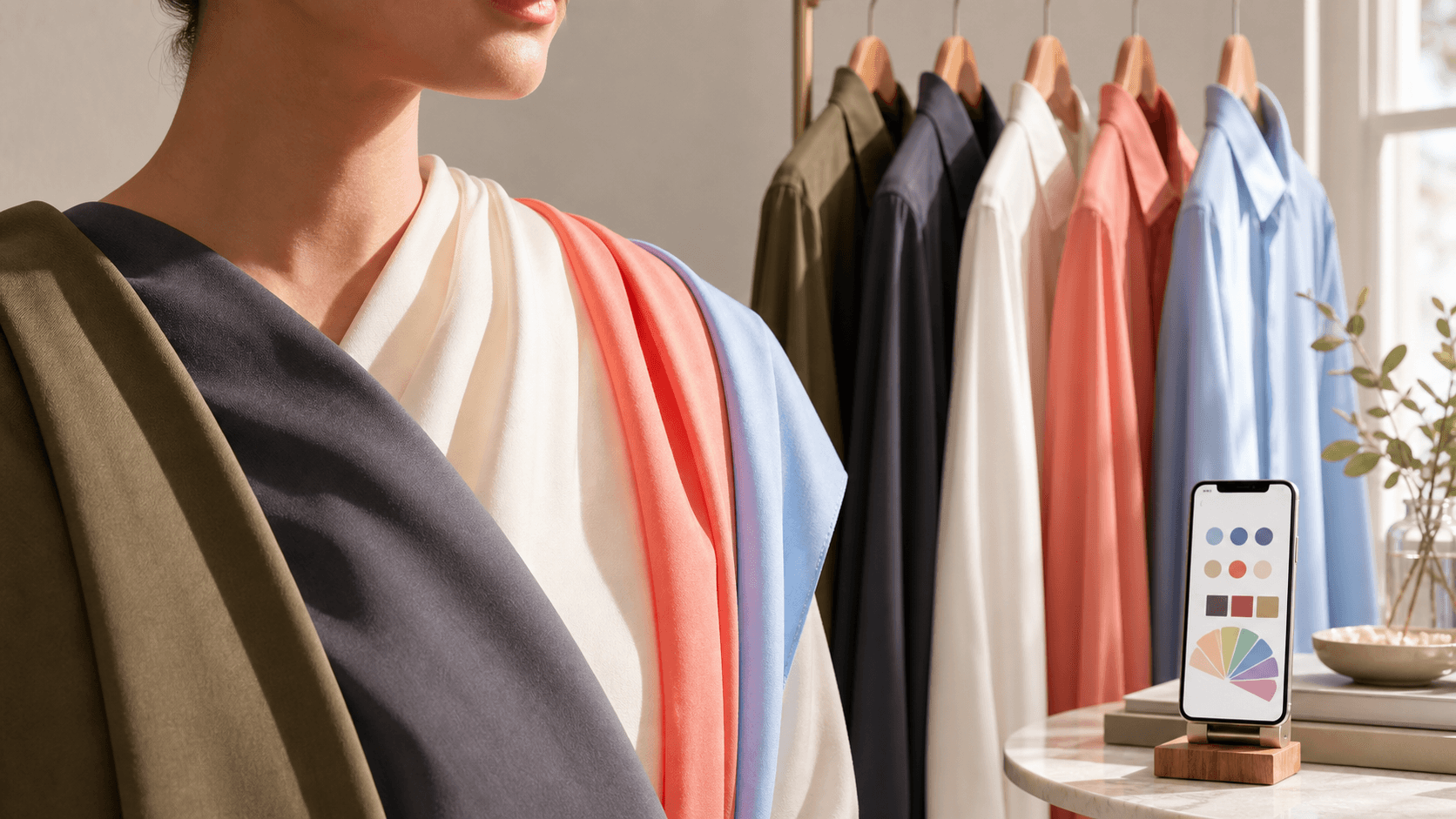 Wardrobe with dark and brightening shirt colors beside a phone showing color analysis swatches