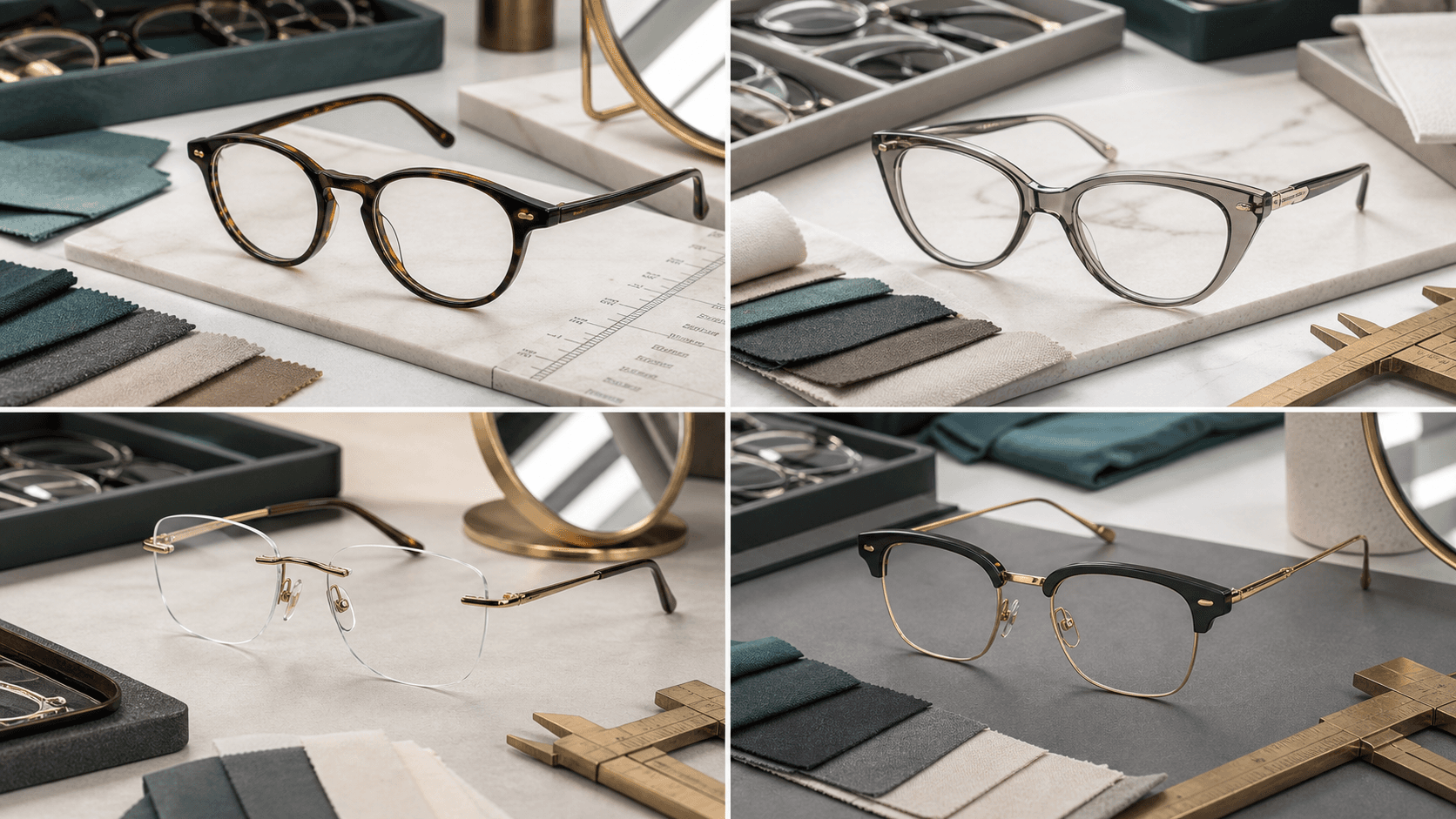 Four optician-style frame decision cards showing oval, gentle cat-eye, rimless, and light browline glasses for diamond face features