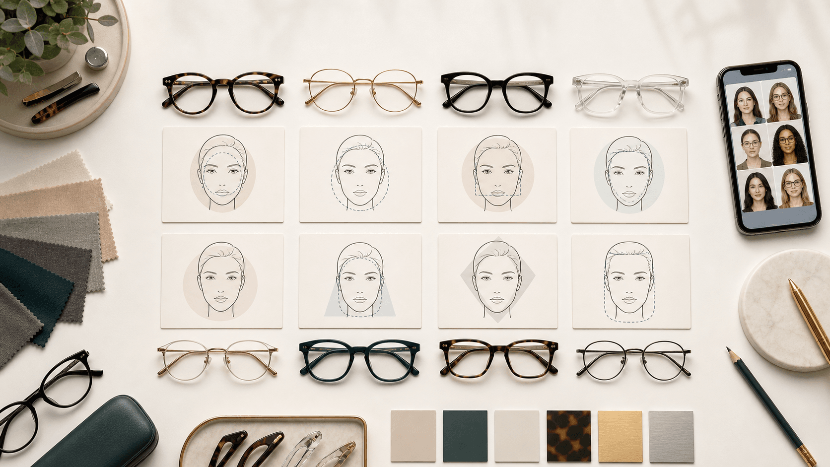 Top-down optician consultation board with frame options, face-shape cards, color swatches, and a portrait comparison phone