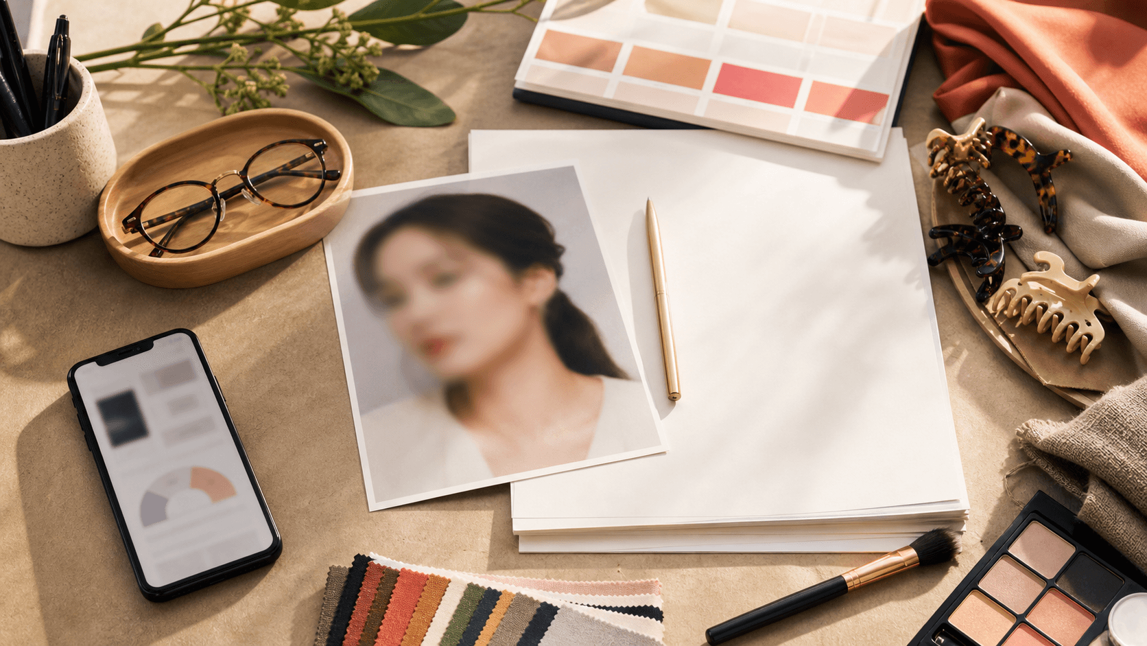 Editorial desk with a soft portrait photo, blank report pages, glasses, makeup, color swatches, hair clips, and a blurred style report on a phone