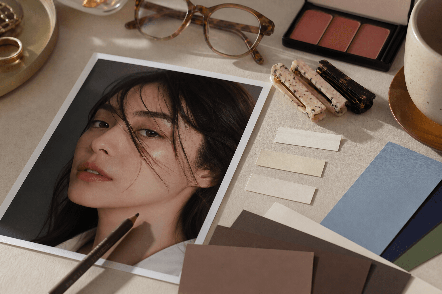 Close-up editorial flat lay with a portrait photo, glasses, makeup swatches, hair clips, and blank styling markers