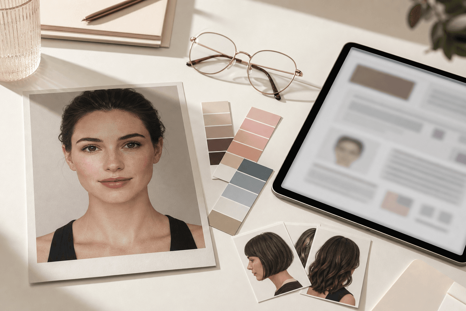 Editorial desk with a printed portrait photo, color swatches, glasses, haircut references, and a tablet showing a blurred visual style report