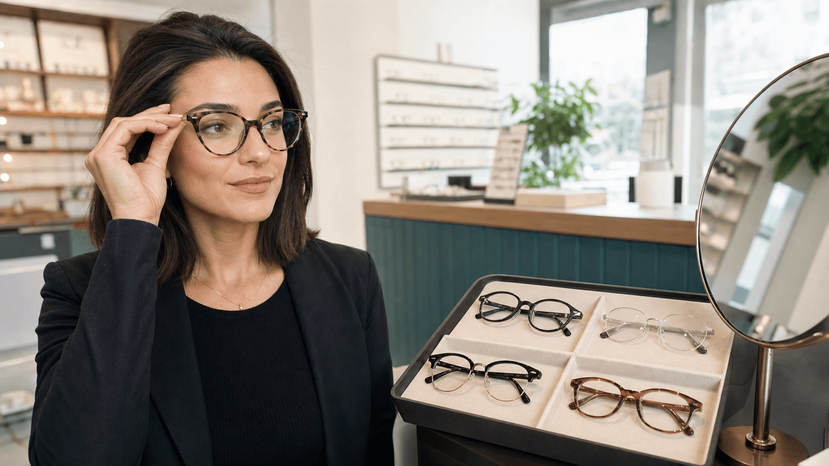 Editorial optician-studio portrait of a person with diamond face cues trying softly lifted tortoise glasses beside a tray of alternative frames