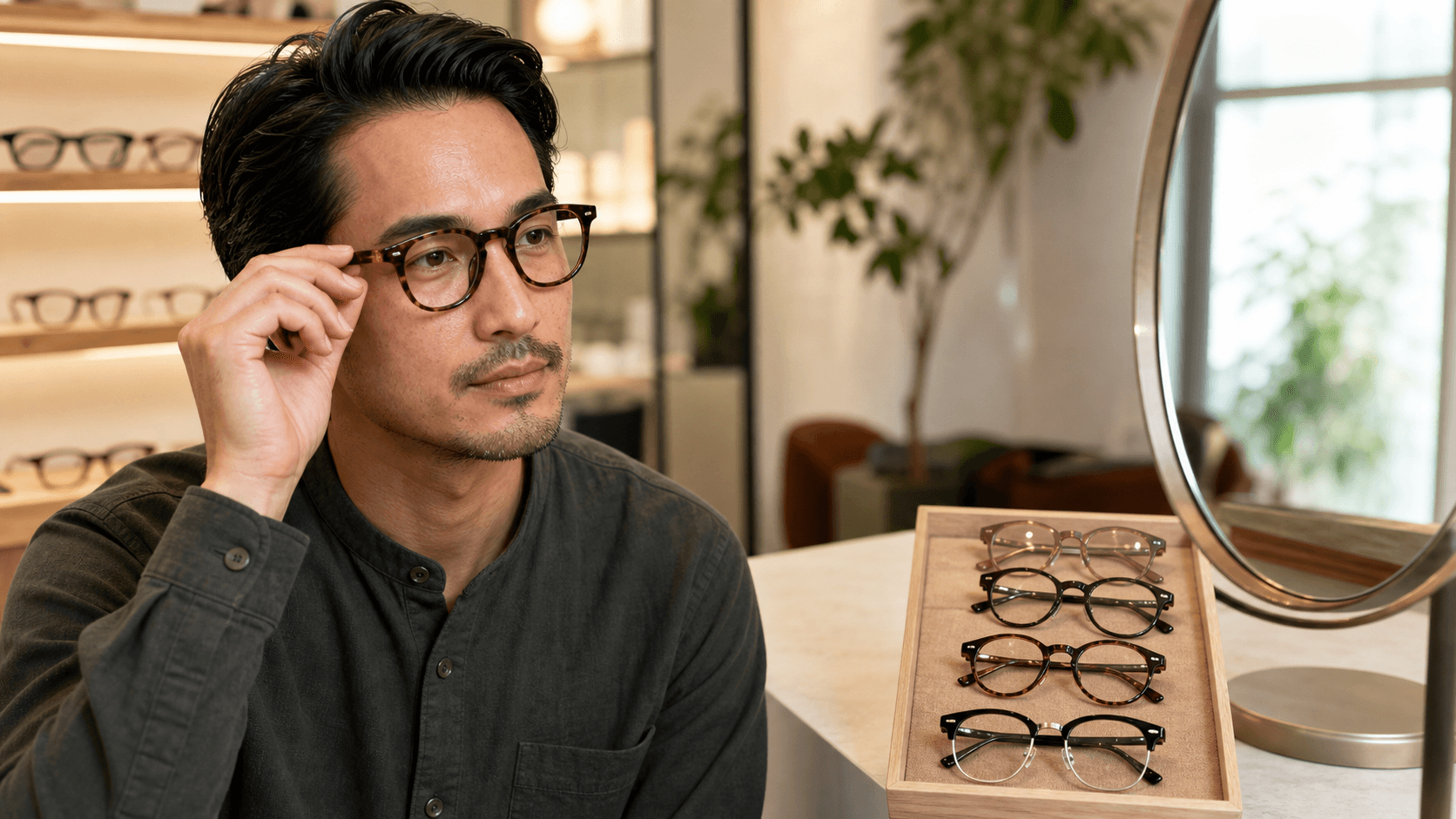 Editorial optician-studio portrait of a person with oblong face features trying tortoise glasses beside a tray of wider frame options