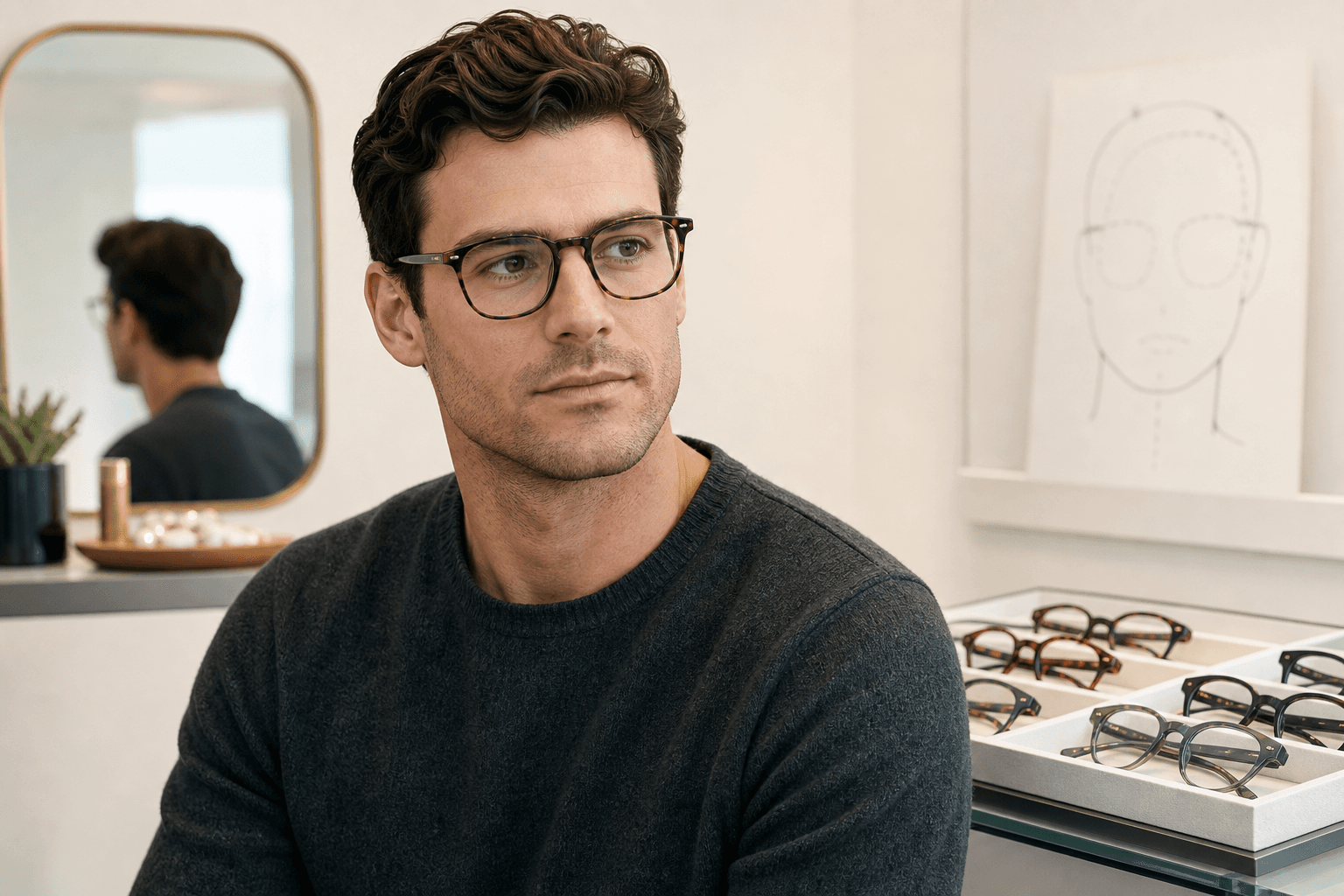 Editorial optician-studio portrait of a person with square face features wearing rounded tortoise glasses beside a tray of alternative frames