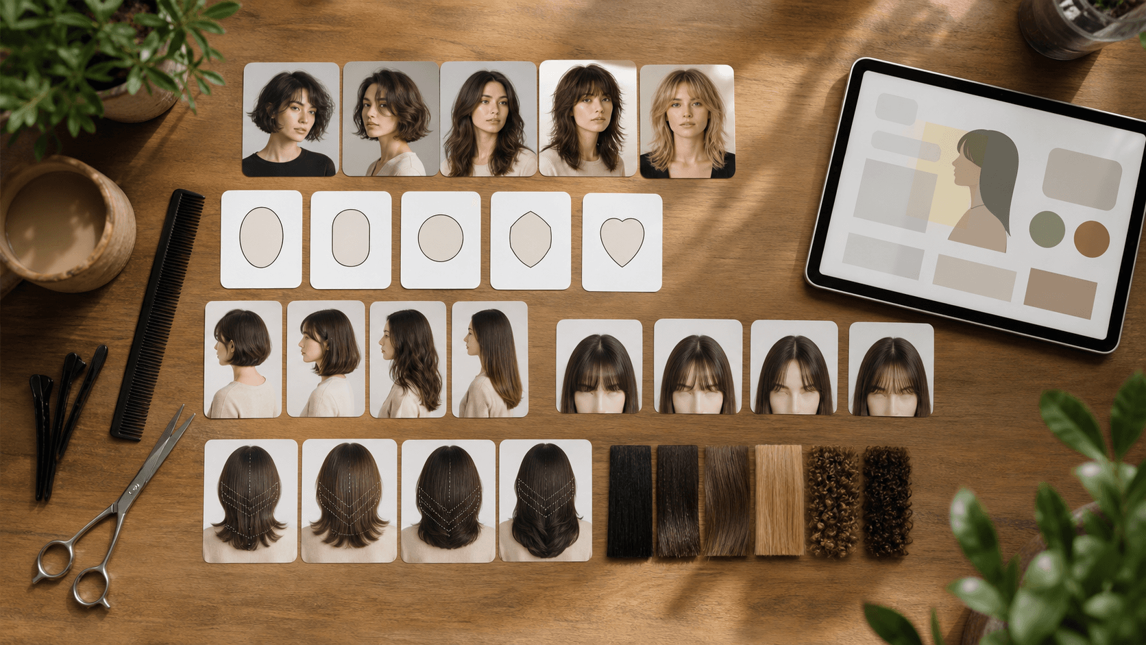 Top-down haircut decision board with portrait cards, face-shape outline cards, haircut length cards, fringe cards, layer placement cards, scissors, clips, and hair texture swatches