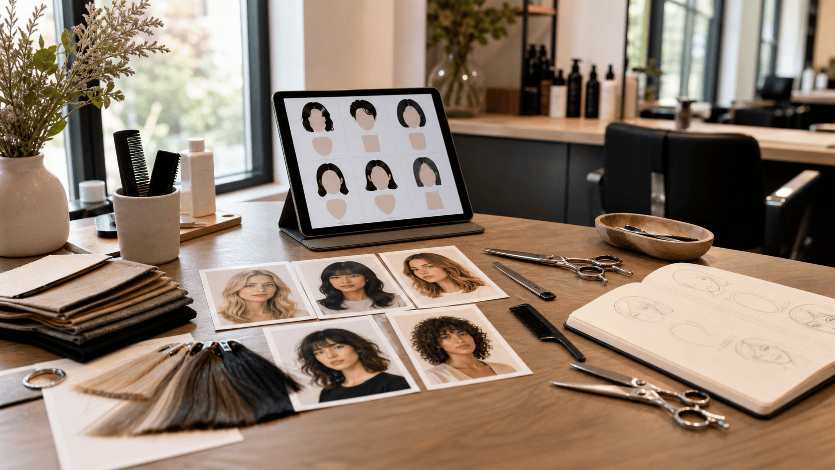 Salon consultation table with haircut reference cards, face-shape sketches, hair swatches, scissors, and a tablet-style hairstyle report