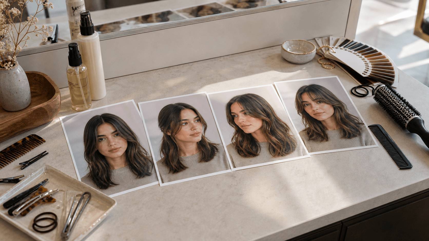 Salon flat lay with four hairstyle reference photos, combs, clips, hair swatches, and styling tools for part and fringe checks