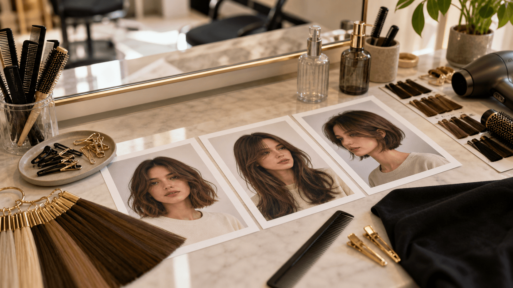 Salon consultation table with printed hairstyle reference photos, hair swatches, clips, combs, and styling tools