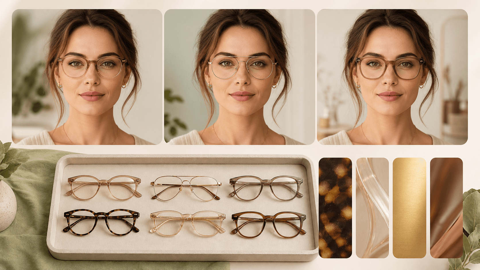 Three portrait try-on cards showing soft oval, light aviator, and gentle bottom-weight glasses for a heart shaped face with warm frame swatches and real eyewear options