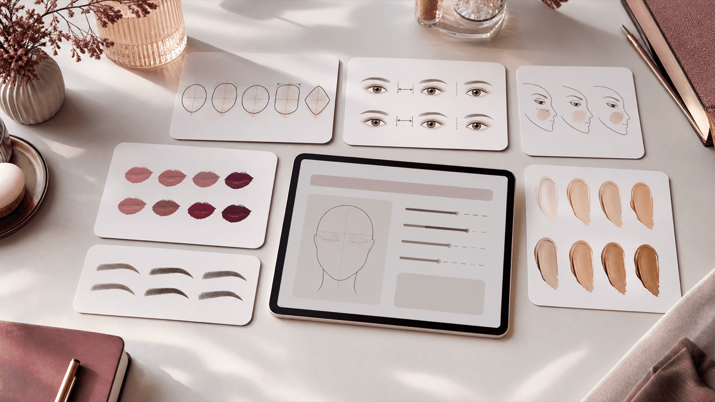 Makeup decision board with face shape cards, eye spacing sketches, cheek placement cards, lip swatches, brow samples, complexion swatches, and a tablet-style AI report