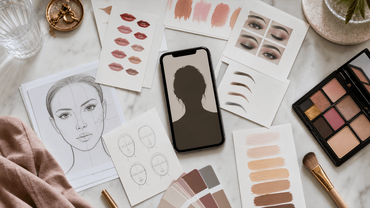 Top-down makeup planning desk with a phone selfie silhouette, face proportion sketches, brow cards, lip swatches, complexion swatches, and an eyeshadow palette