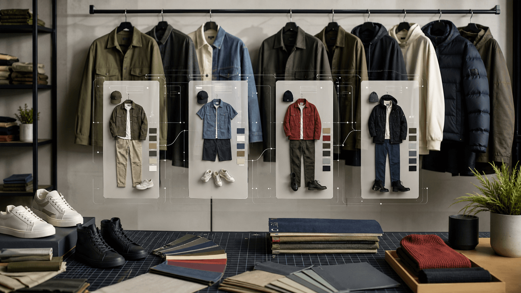 Editorial menswear studio image with seasonal streetwear pieces and styling boards