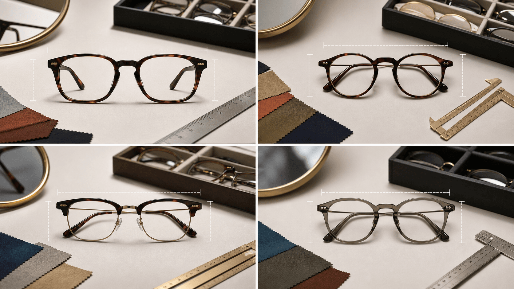 Four optician-style frame decision cards showing wider soft-square, panto, browline, and keyhole-bridge glasses for oblong face features