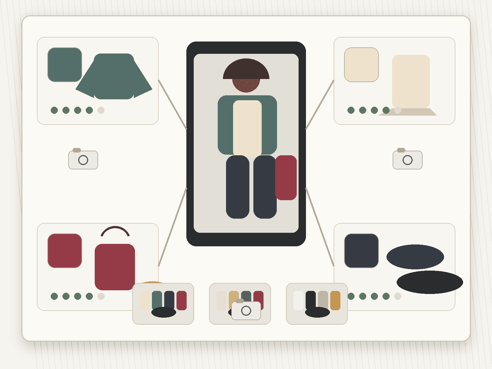 Illustrated outfit color matching decision board with a phone outfit photo, dominant color card, neutral card, accent card, anchor card, and photo comparison strips