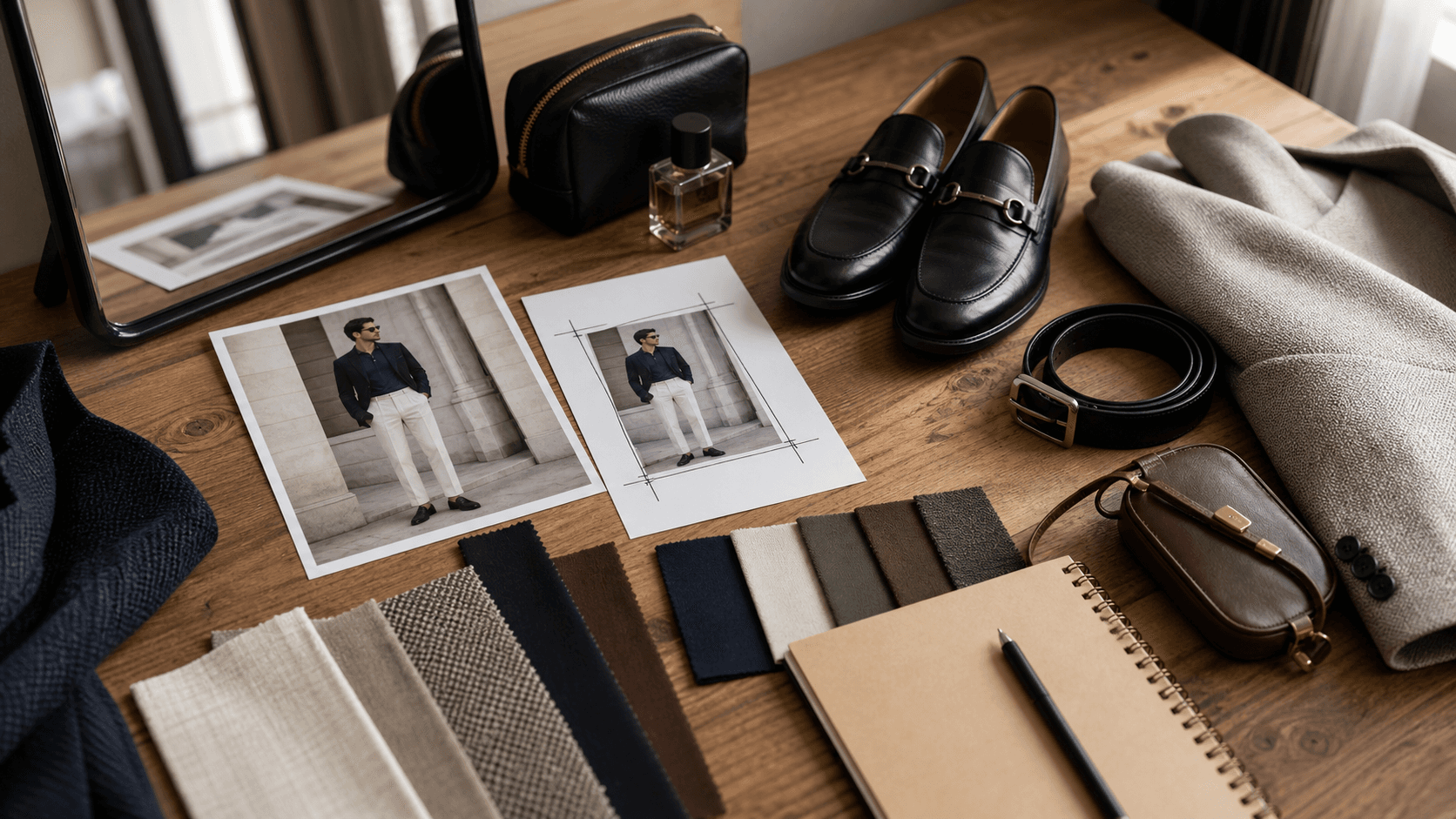 Stylist flat lay with printed outfit photos, loafers, belt, color swatches, notebook, and garment textures for a one-photo outfit check