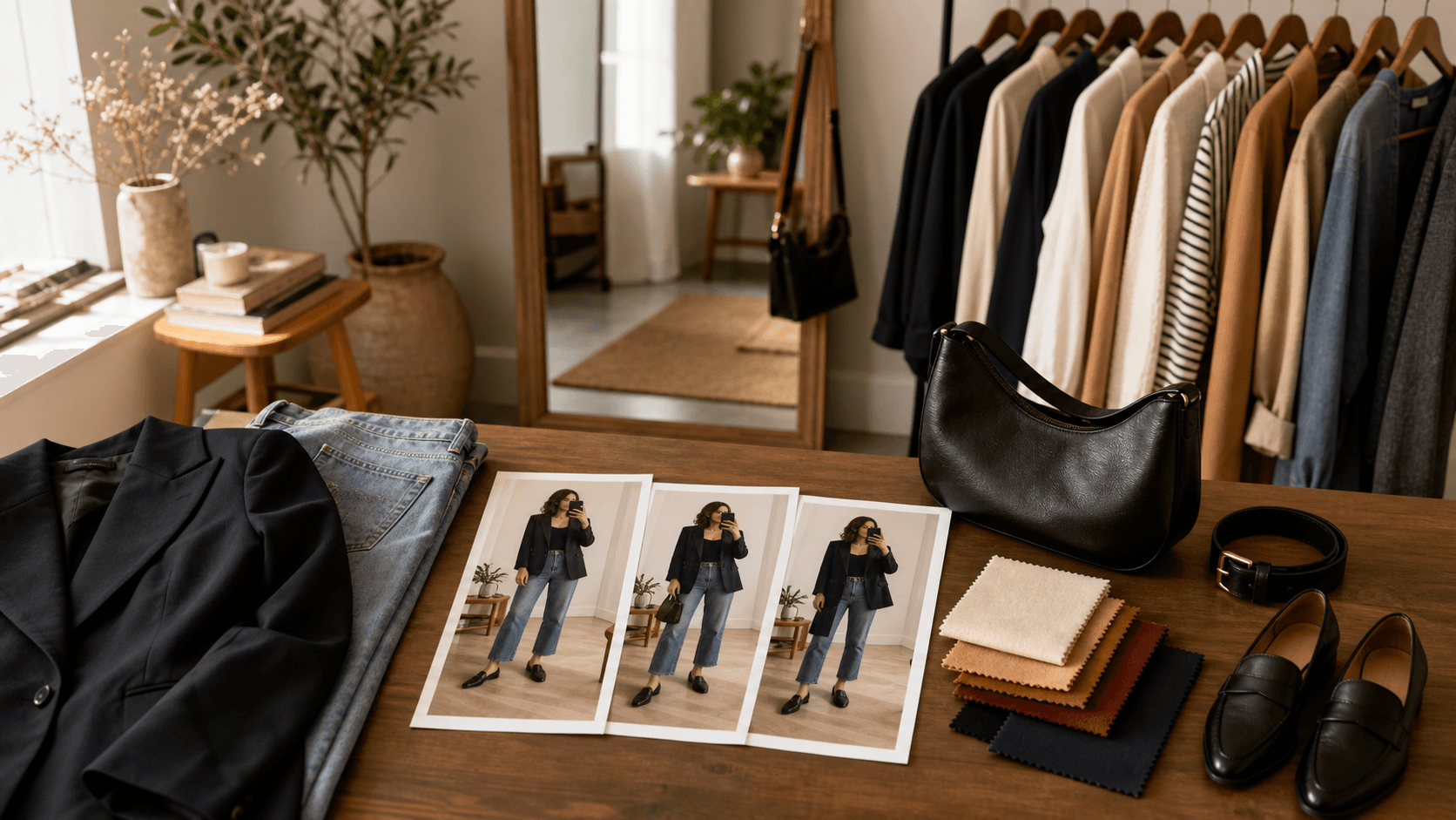 Editorial outfit audit workspace with printed full-body outfit photos, blazer, jeans, loafers, fabric swatches, belt, and bag