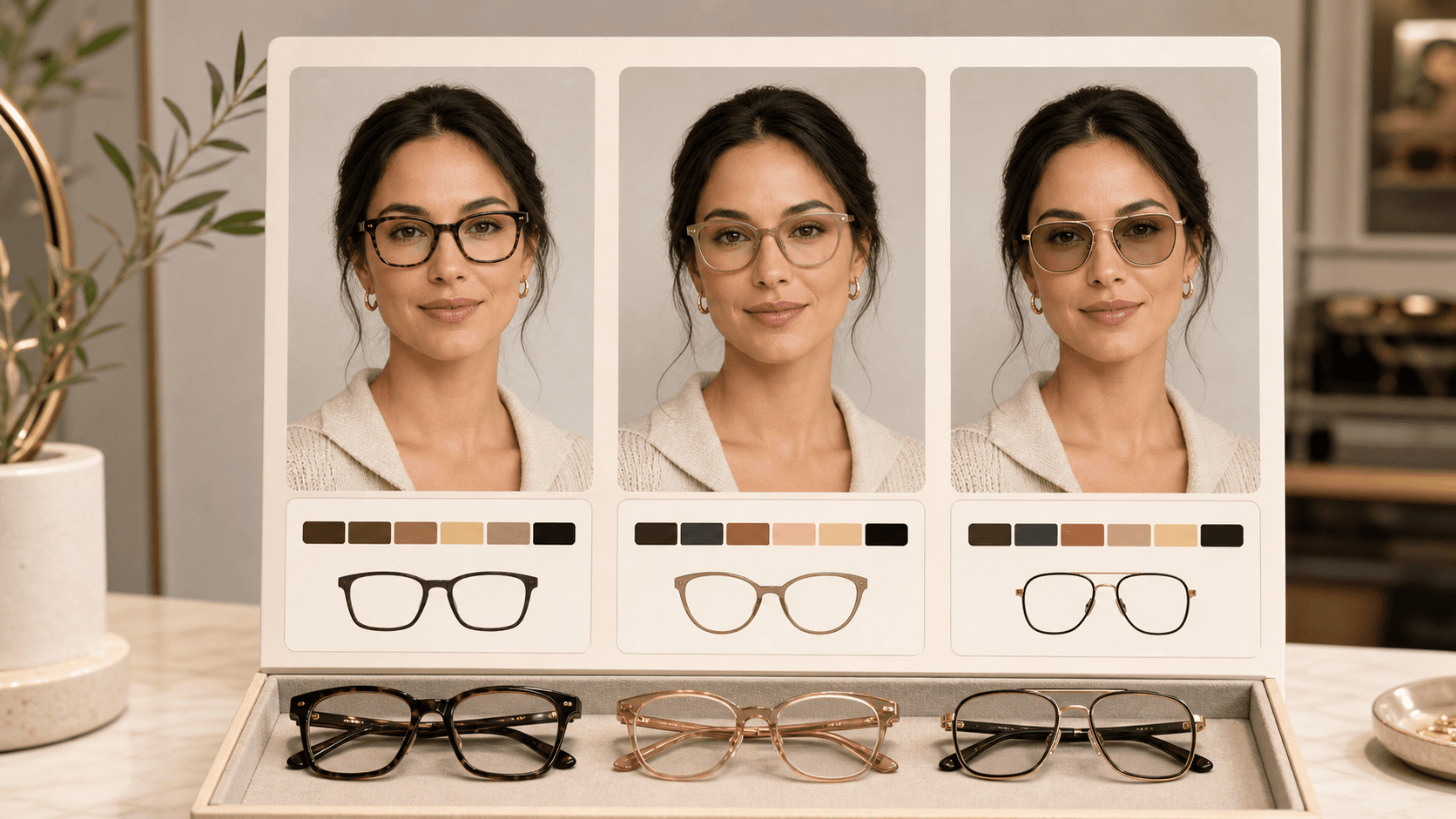 Three portrait try-on cards showing rectangle, soft cat-eye, and aviator-style glasses for an oval face with neutral frame swatches and real eyewear options