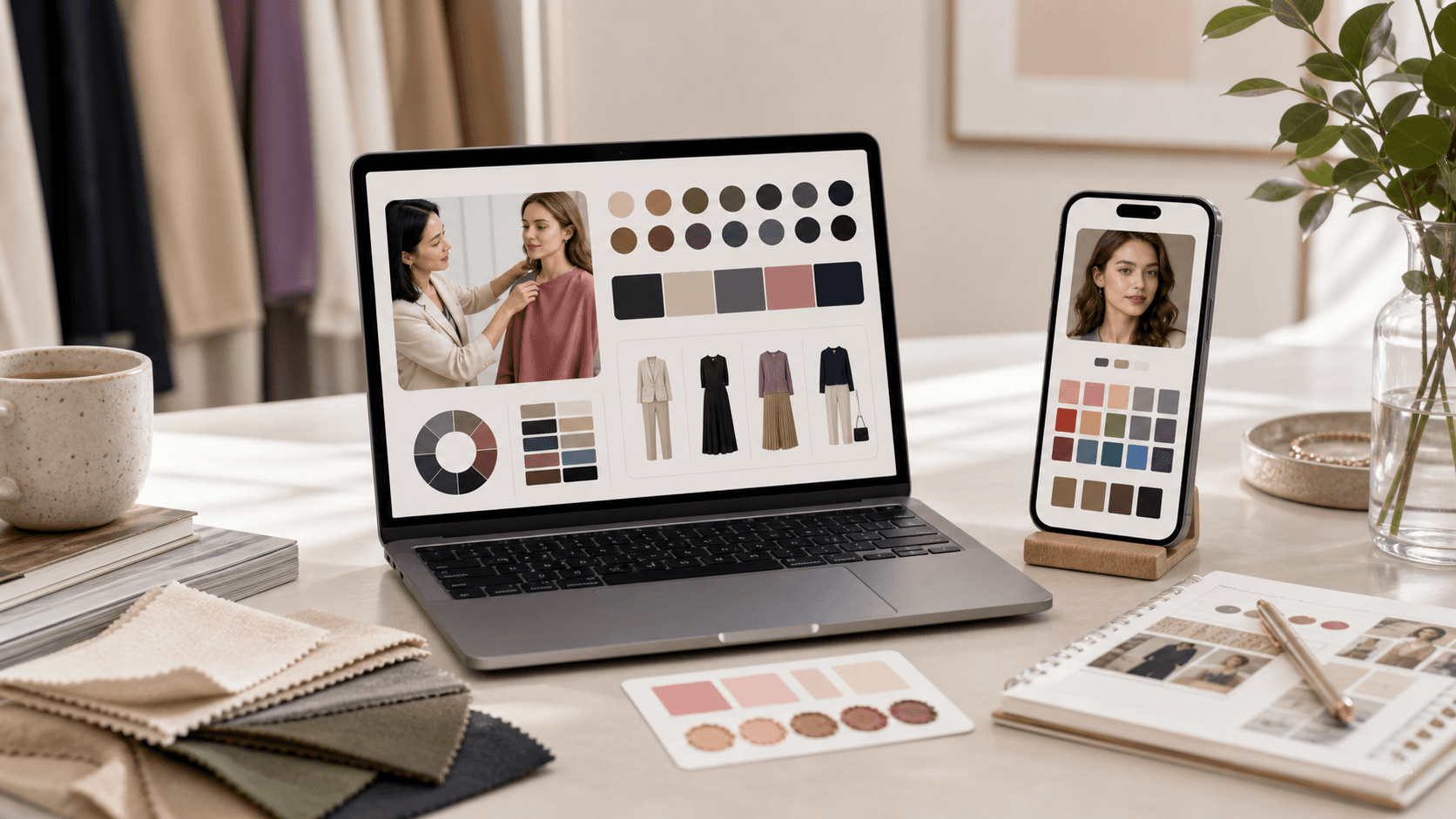 Desk setup comparing in-person personal color analysis with online AI photo color reports