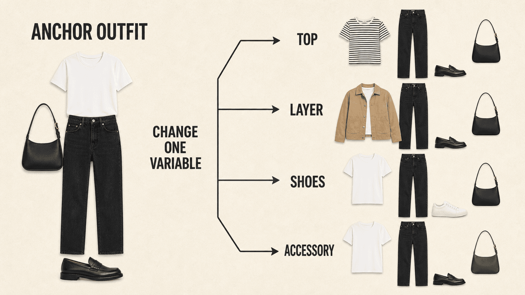 Diagram showing one anchor outfit with top, layer, shoes, and accessory swaps