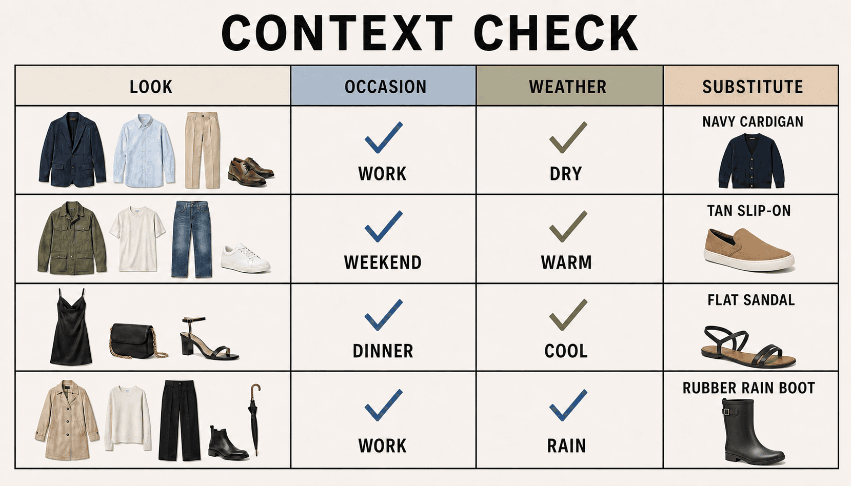Lookbook context matrix for occasion, weather, and substitute items