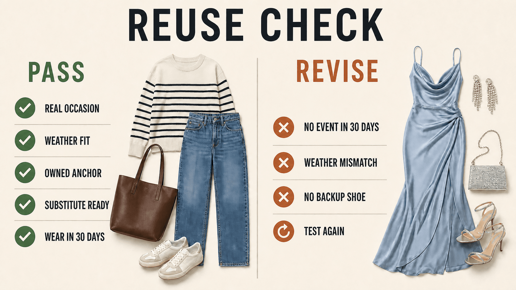 Pass or revise checklist for testing whether a saved outfit deserves a place in a personal lookbook