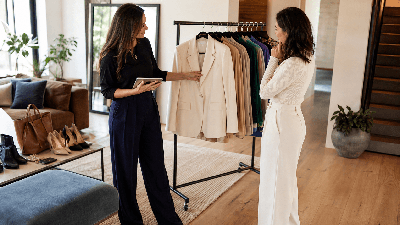 Personal stylist and client reviewing a cream blazer during a wardrobe consultation