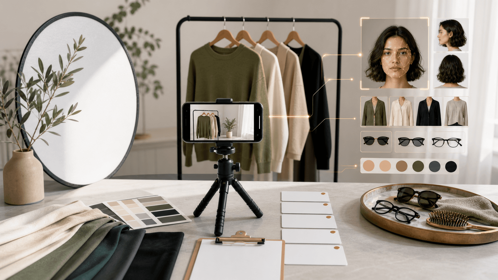 Editorial photo setup with phone tripod, neutral backdrop, reflector, and style swatches