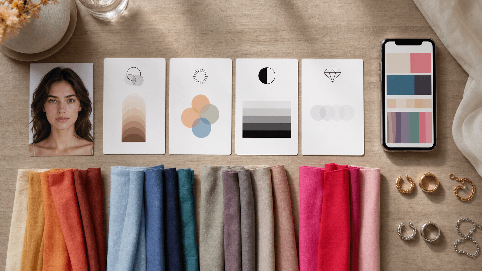 Top-down photo color analysis board with portrait card, abstract skin-depth cards, contrast swatches, fabric samples, and jewelry tests