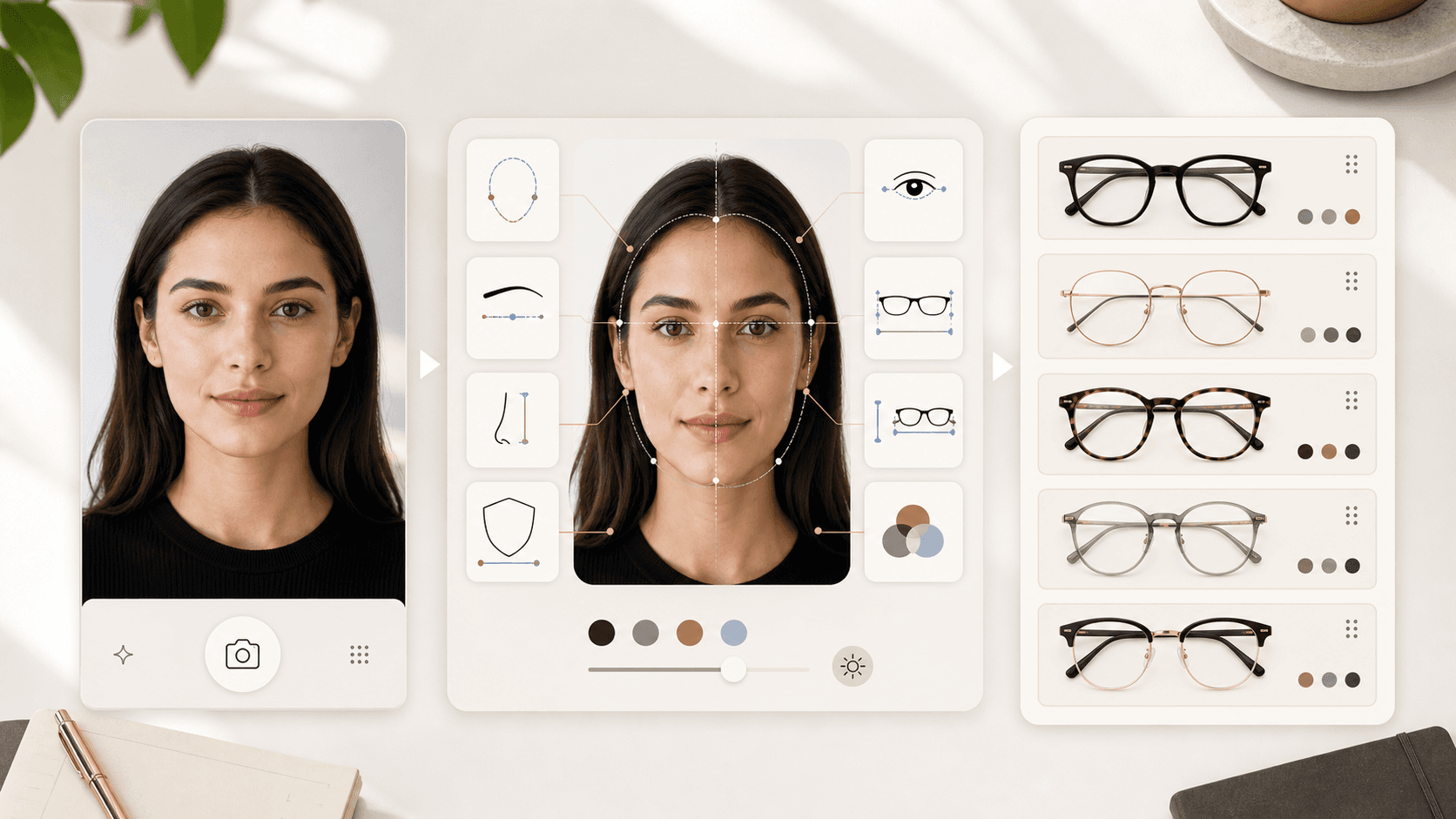 Photo upload decision board showing face-shape guide lines, bridge and width checks, and a shortlist of eyeglass frame options