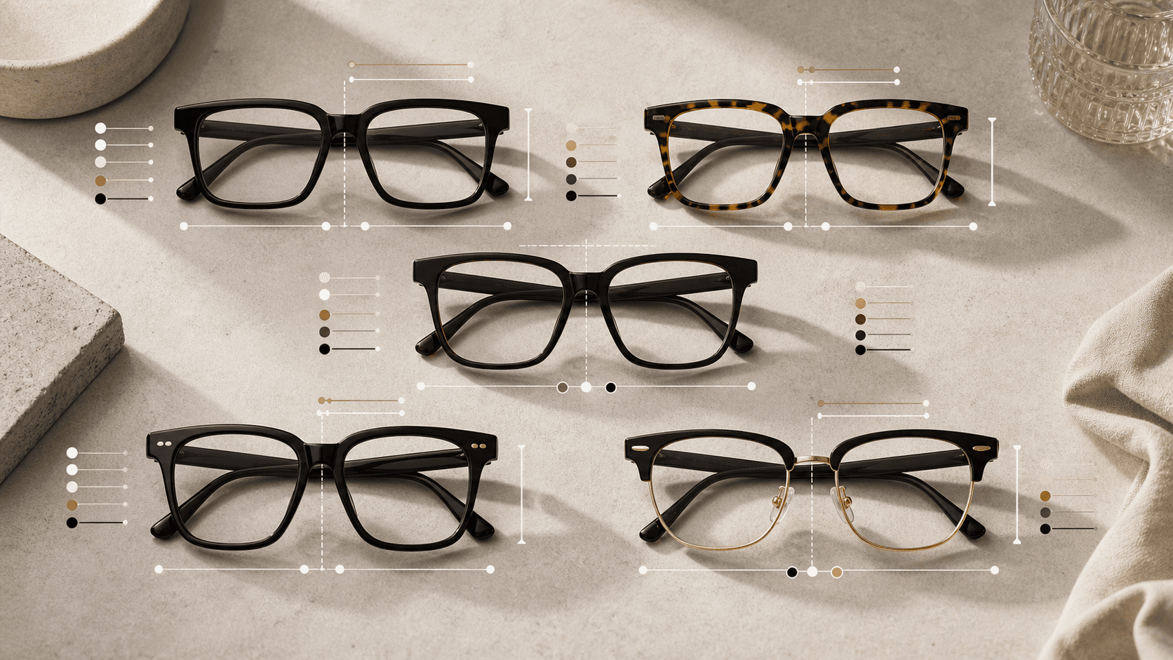 Eyewear decision board showing rectangular, square, wayfarer, cat-eye, and browline frames with abstract fit measurement lines