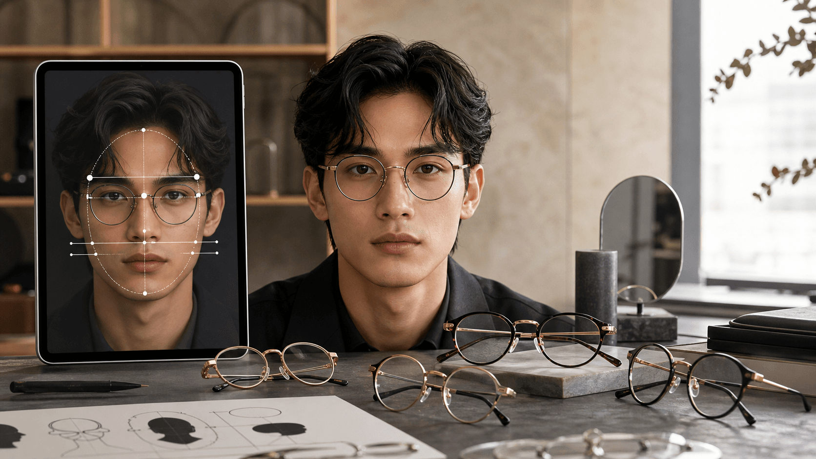 Editorial eyewear studio showing a person wearing round glasses beside AI face-shape guide lines and round frame samples