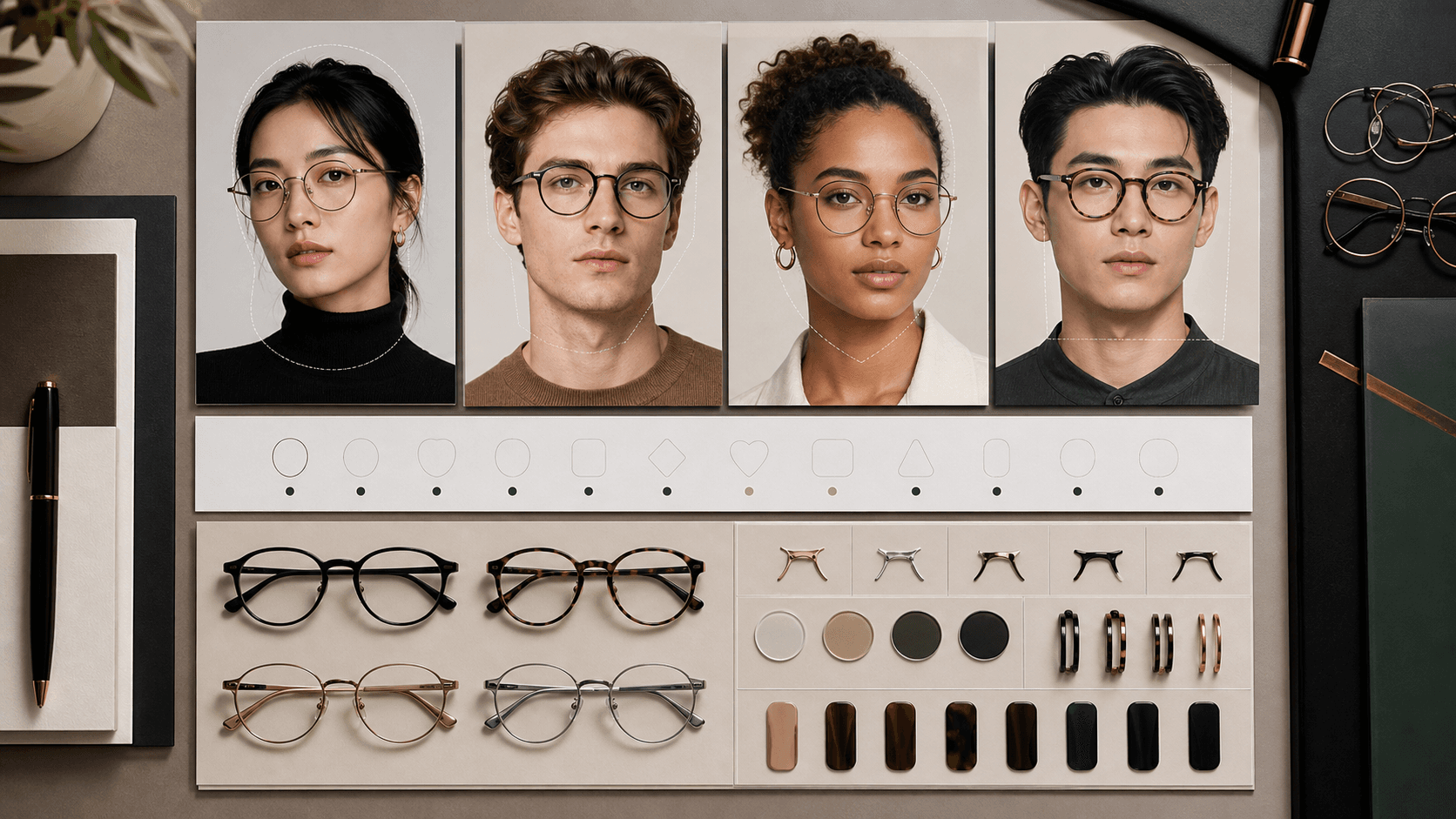 Eyewear decision board comparing round frame sizes, bridge widths, rim weights, and portrait fit cues