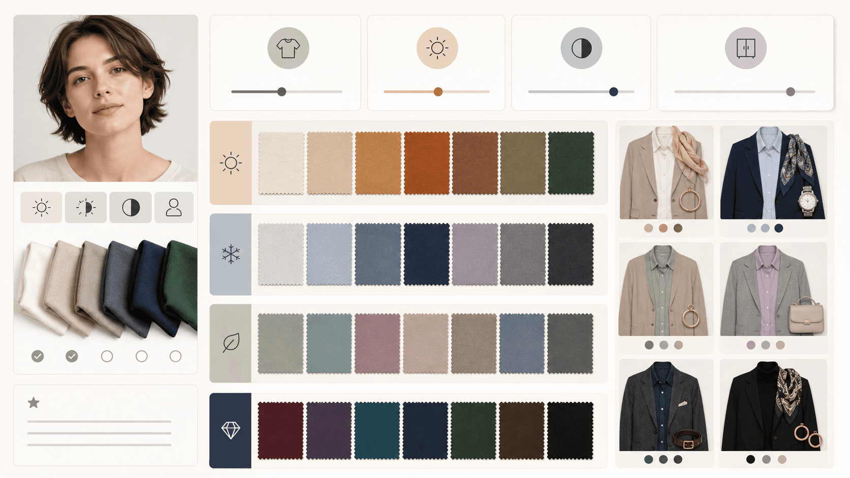 Decision board with portrait-based color analysis, fabric swatches, contrast levels, and outfit color cards