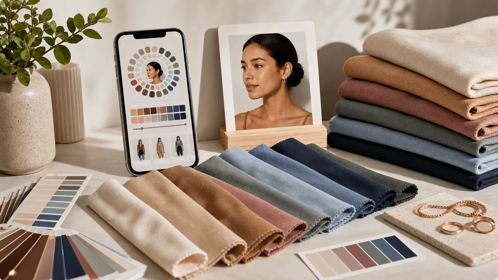 Fashion color analysis desk with fabric swatches, portrait card, and an AI personal color report on a phone