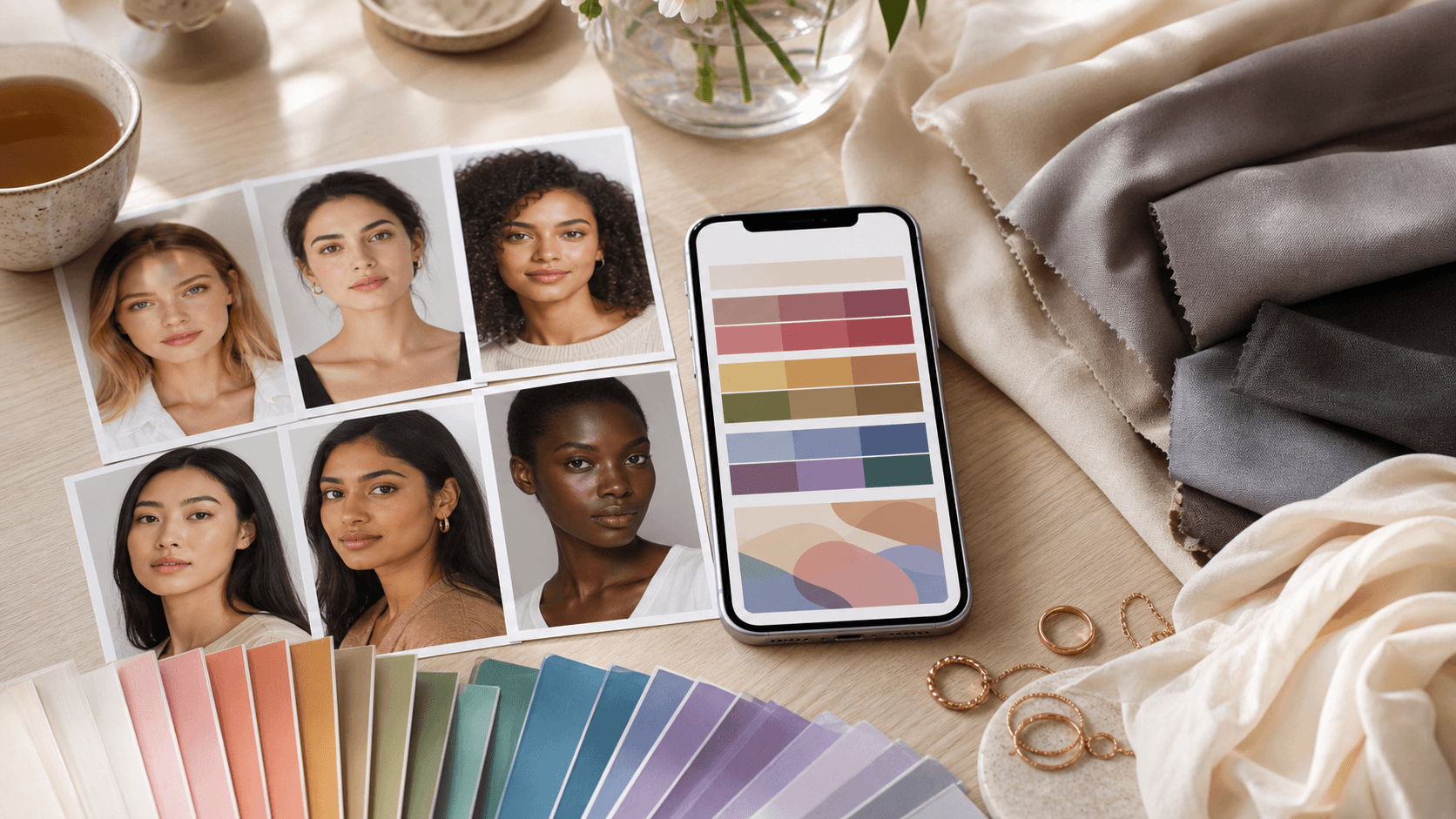 Natural-light color analysis consultation with portrait cards, fabric swatches, and a phone-style photo report