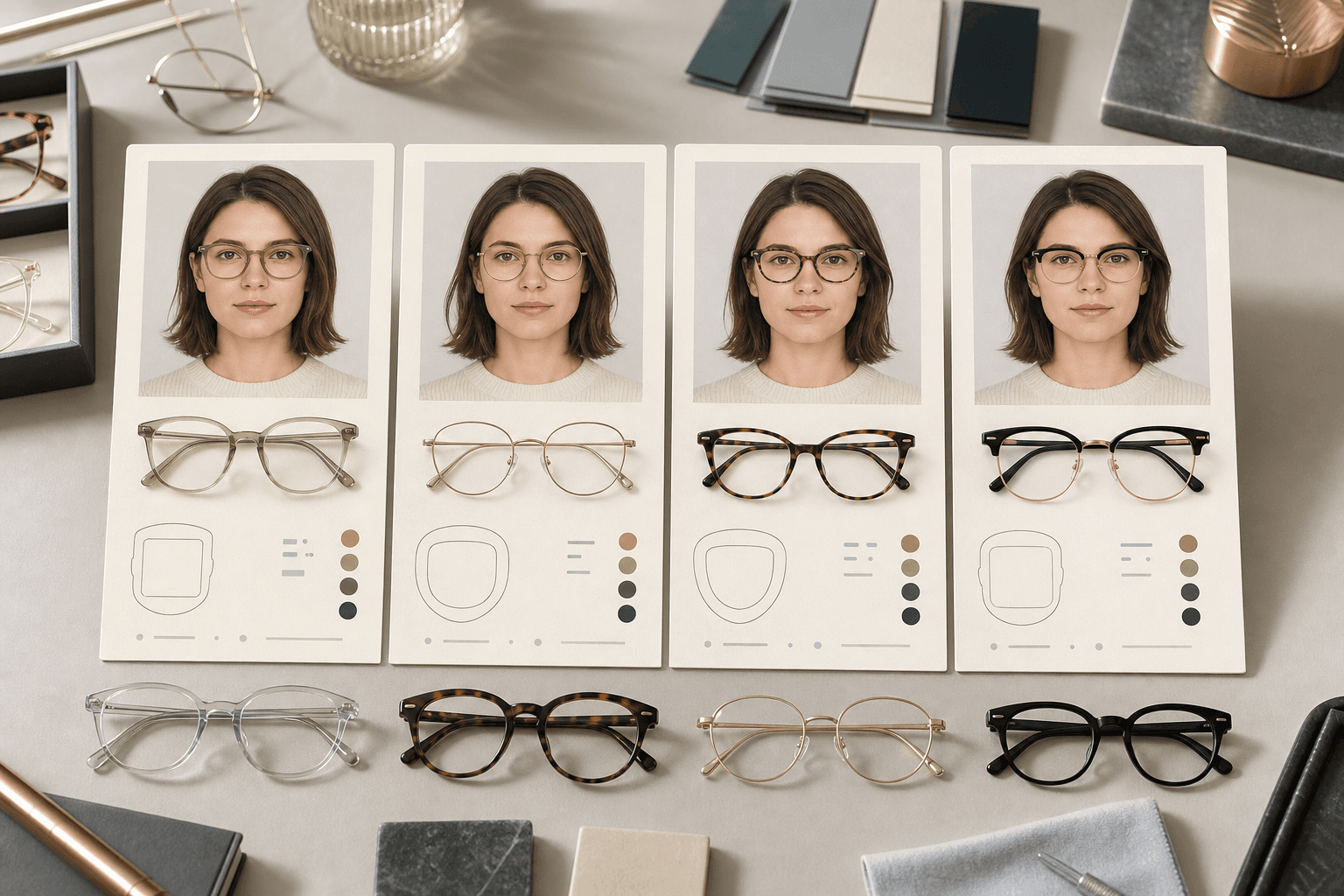 Four optician-style frame decision cards showing soft round-square, oval, tortoise, and light browline glasses for square face features
