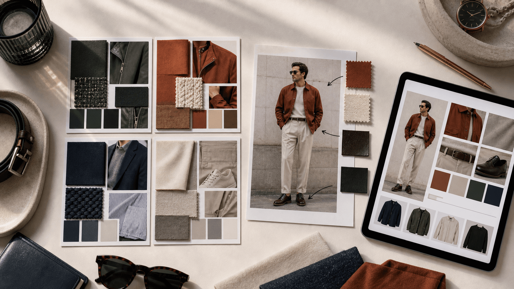 Editorial flat lay comparing abstract fabric mood boards with a printed outfit photo, swatches, arrows, and a tablet-style visual report